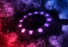Zodiac signs inside of horoscope circle on universe. Astrology and horoscopes